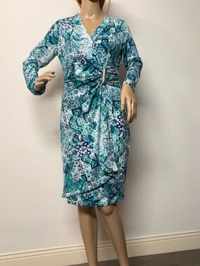 Calvin Klein Teal and Blue Printed Wrap-Style Long Sleeve Dress